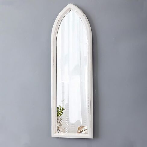 Rustic Arched Long Mirrors for Wall 35 X 12 Inch, Hanging Wood Frame Distressed White Cathedral Wall Mirrors Decorative Living Room Bedroom, Farmhouse Entryway Mirror in Kuwait