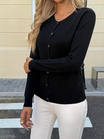 سترة نسائية بأكمام طويلة، سترة محبوكة بأزرار سفلية، مقاس نحيف قابل للتمدد وناعم للمكتب in Kuwait