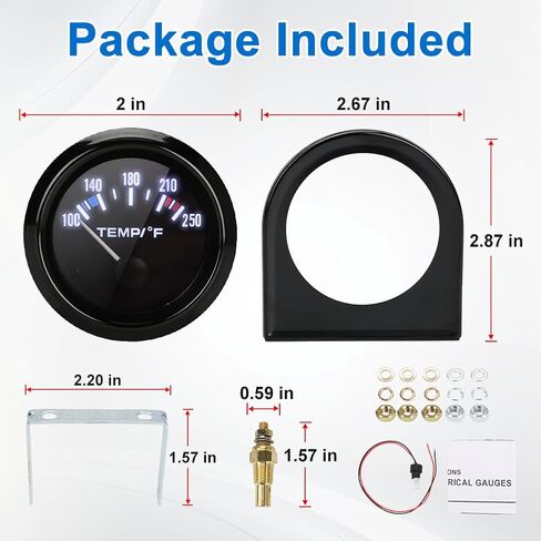 2" 52mm Water Temp Temperature Gauge 100-250 Fahrenheit DC12V Universal Water Temp Gauge Kit with LED Light Display for Boat Car Truck Marine Vehicle Automotive in Kuwait