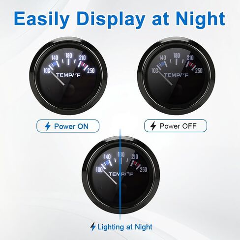 2" 52mm Water Temp Temperature Gauge 100-250 Fahrenheit DC12V Universal Water Temp Gauge Kit with LED Light Display for Boat Car Truck Marine Vehicle Automotive in Kuwait