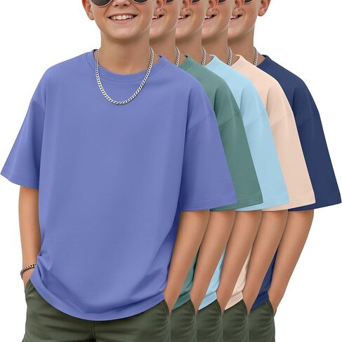 5 Pack Boys Oversized Shirts Short Sleeve Crewneck Tops Loose Fit Casual Basic Tees for Kids 5-14 Years in Saudi Arabia