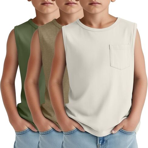 3 Pack Boy's Sleeveless Tanks Casual Basic Crewneck Shirts Loose Athletic Pocket Tees Soft Breathable Tops in Saudi Arabia
