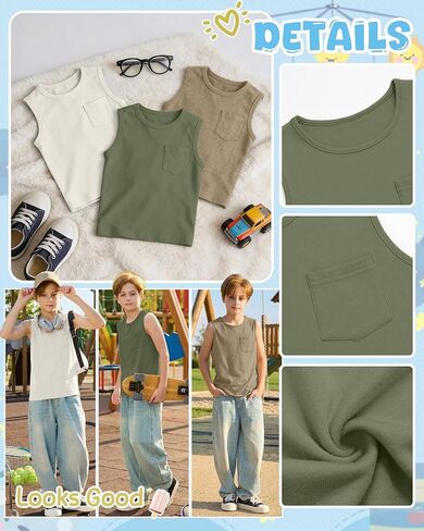 3 Pack Boy's Sleeveless Tanks Casual Basic Crewneck Shirts Loose Athletic Pocket Tees Soft Breathable Tops in Saudi Arabia