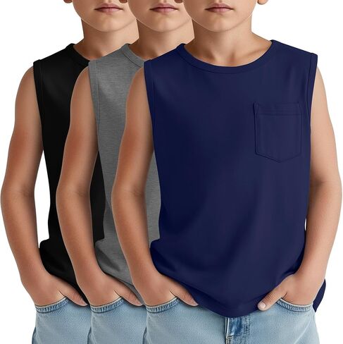 3 Pack Boy's Sleeveless Tanks Casual Basic Crewneck Shirts Loose Athletic Pocket Tees Soft Breathable Tops in Saudi Arabia