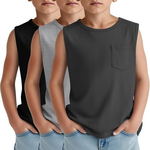 3 Pack Boy's Sleeveless Tanks Casual Basic Crewneck Shirts Loose Athletic Pocket Tees Soft Breathable Tops in Saudi Arabia