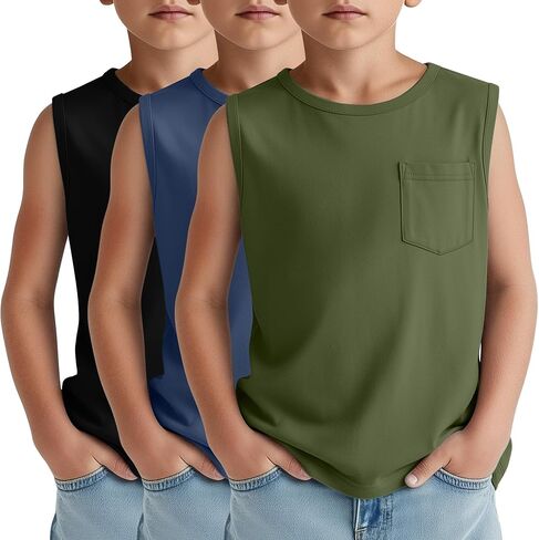 3 Pack Boy's Sleeveless Tanks Casual Basic Crewneck Shirts Loose Athletic Pocket Tees Soft Breathable Tops in Saudi Arabia