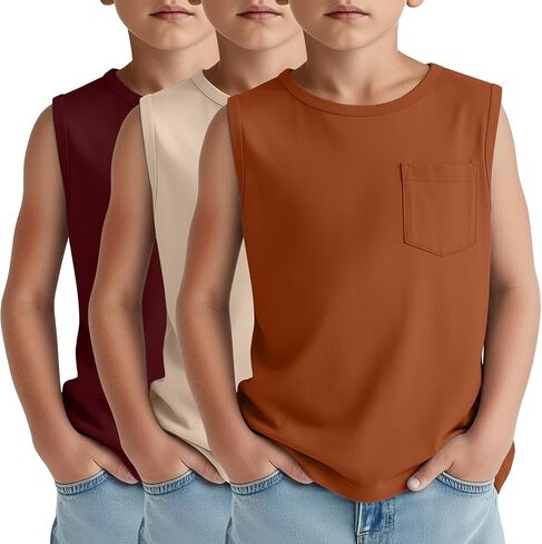 3 Pack Boy's Sleeveless Tanks Casual Basic Crewneck Shirts Loose Athletic Pocket Tees Soft Breathable Tops in Saudi Arabia