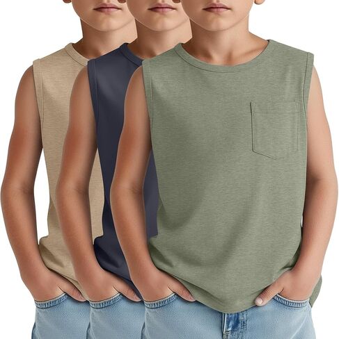 3 Pack Boy's Sleeveless Tanks Casual Basic Crewneck Shirts Loose Athletic Pocket Tees Soft Breathable Tops in Saudi Arabia