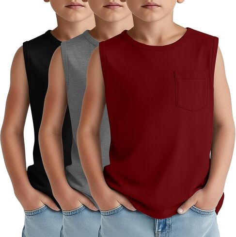 3 Pack Boy's Sleeveless Tanks Casual Basic Crewneck Shirts Loose Athletic Pocket Tees Soft Breathable Tops in Saudi Arabia