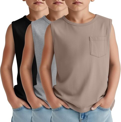 3 Pack Boy's Sleeveless Tanks Casual Basic Crewneck Shirts Loose Athletic Pocket Tees Soft Breathable Tops in Saudi Arabia