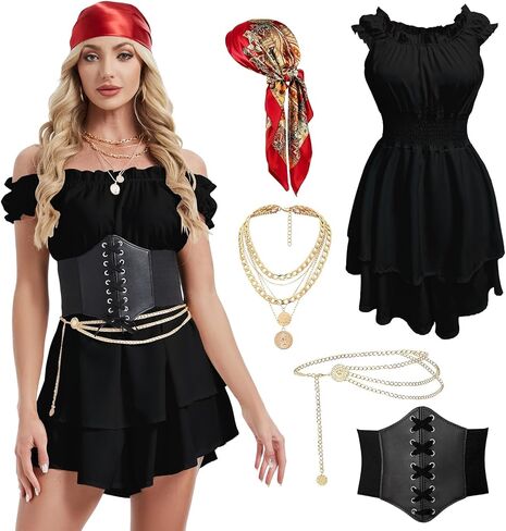 GYQMBT 5 قطع أزياء القرصان النسائية، فستان على طراز عصر النهضة مع ملحقات مشد القرصان باندانا لحفلات الهالوين. in Kuwait