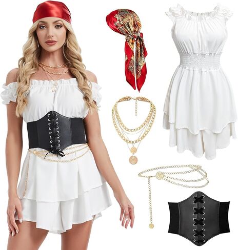GYQMBT 5PCS Women Pirate Costume,Renaissance Romper Style Dress with Pirate Bandana Corset Accessories for Halloween Cosplay. in Saudi Arabia