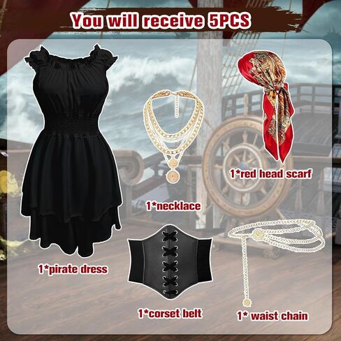 GYQMBT 5PCS Women Pirate Costume,Renaissance Romper Style Dress with Pirate Bandana Corset Accessories for Halloween Cosplay. in Saudi Arabia