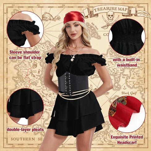 GYQMBT 5PCS Women Pirate Costume,Renaissance Romper Style Dress with Pirate Bandana Corset Accessories for Halloween Cosplay. in Saudi Arabia