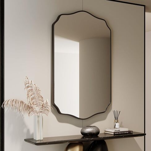 Black Bathroom Mirror 24''×36'', Scalloped Mirror Irregular Wall Mirror,Decorative Aluminum Alloy Framed Vanity Mirror Unique Rectangle Mirrors for Bathroom/Entryway/Living Room/Cloakroom in Saudi Arabia
