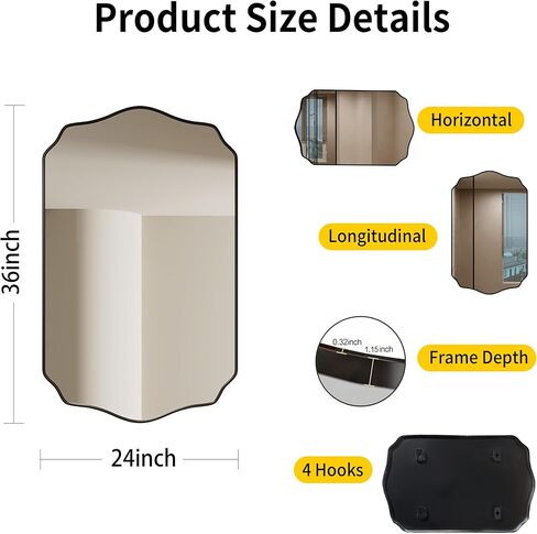 Black Bathroom Mirror 24''×36'', Scalloped Mirror Irregular Wall Mirror,Decorative Aluminum Alloy Framed Vanity Mirror Unique Rectangle Mirrors for Bathroom/Entryway/Living Room/Cloakroom in Saudi Arabia