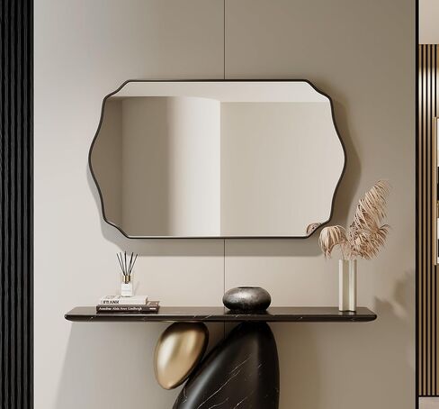 Black Bathroom Mirror 24''×36'', Scalloped Mirror Irregular Wall Mirror,Decorative Aluminum Alloy Framed Vanity Mirror Unique Rectangle Mirrors for Bathroom/Entryway/Living Room/Cloakroom in Saudi Arabia
