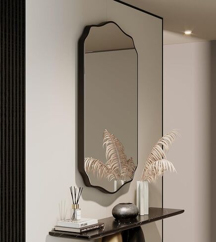 Black Bathroom Mirror 24''×36'', Scalloped Mirror Irregular Wall Mirror,Decorative Aluminum Alloy Framed Vanity Mirror Unique Rectangle Mirrors for Bathroom/Entryway/Living Room/Cloakroom in Saudi Arabia