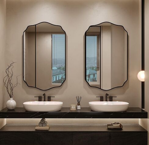 Black Bathroom Mirror 24''×36'', Scalloped Mirror Irregular Wall Mirror,Decorative Aluminum Alloy Framed Vanity Mirror Unique Rectangle Mirrors for Bathroom/Entryway/Living Room/Cloakroom in Saudi Arabia