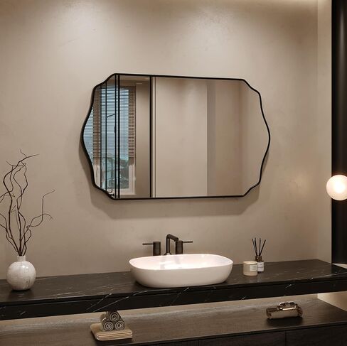 Black Bathroom Mirror 24''×36'', Scalloped Mirror Irregular Wall Mirror,Decorative Aluminum Alloy Framed Vanity Mirror Unique Rectangle Mirrors for Bathroom/Entryway/Living Room/Cloakroom in Saudi Arabia