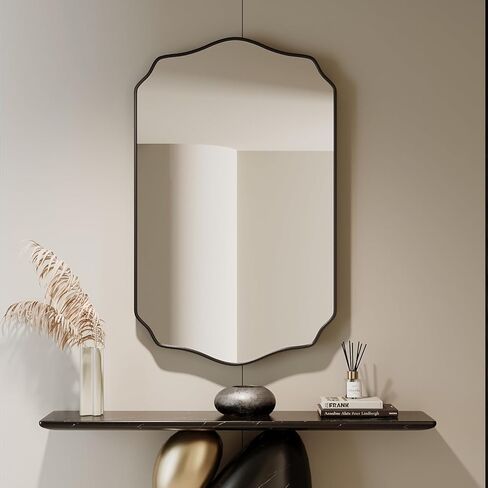 Black Bathroom Mirror 24''×36'', Scalloped Mirror Irregular Wall Mirror,Decorative Aluminum Alloy Framed Vanity Mirror Unique Rectangle Mirrors for Bathroom/Entryway/Living Room/Cloakroom in Saudi Arabia