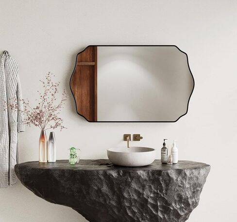 Black Bathroom Mirror 24''×36'', Scalloped Mirror Irregular Wall Mirror,Decorative Aluminum Alloy Framed Vanity Mirror Unique Rectangle Mirrors for Bathroom/Entryway/Living Room/Cloakroom in Saudi Arabia