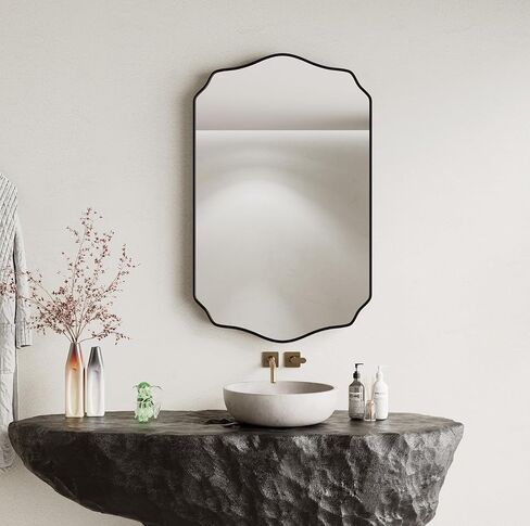 Black Bathroom Mirror 24''×36'', Scalloped Mirror Irregular Wall Mirror,Decorative Aluminum Alloy Framed Vanity Mirror Unique Rectangle Mirrors for Bathroom/Entryway/Living Room/Cloakroom in Saudi Arabia