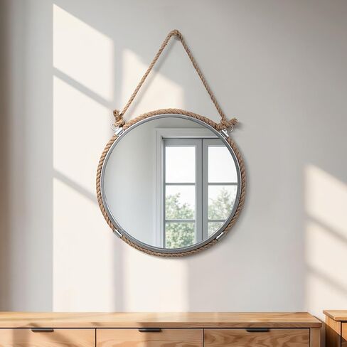 Sagebrook Home Round Wall Mirror with Rope Hanger Rustic Nautical Hanging Mirror, Metal Frame with Jute Rope, Decorative Accent for Bathroom, Bedroom, Living Room, or Entryway, 24 Inches in Saudi Arabia