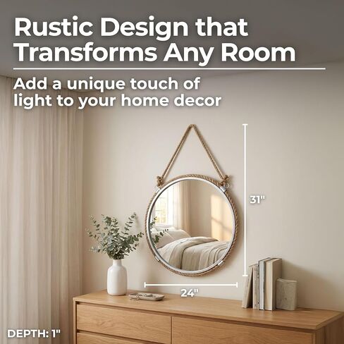 Sagebrook Home Round Wall Mirror with Rope Hanger Rustic Nautical Hanging Mirror, Metal Frame with Jute Rope, Decorative Accent for Bathroom, Bedroom, Living Room, or Entryway, 24 Inches in Saudi Arabia