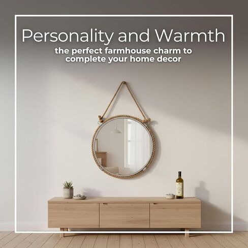 Sagebrook Home Round Wall Mirror with Rope Hanger Rustic Nautical Hanging Mirror, Metal Frame with Jute Rope, Decorative Accent for Bathroom, Bedroom, Living Room, or Entryway, 24 Inches in Saudi Arabia