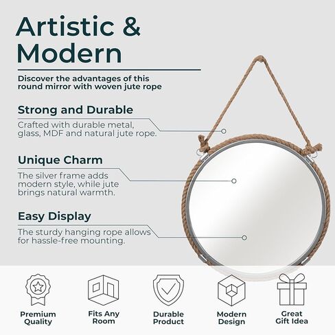 Sagebrook Home Round Wall Mirror with Rope Hanger Rustic Nautical Hanging Mirror, Metal Frame with Jute Rope, Decorative Accent for Bathroom, Bedroom, Living Room, or Entryway, 24 Inches in Saudi Arabia