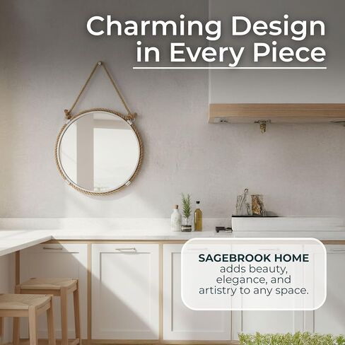 Sagebrook Home Round Wall Mirror with Rope Hanger Rustic Nautical Hanging Mirror, Metal Frame with Jute Rope, Decorative Accent for Bathroom, Bedroom, Living Room, or Entryway, 24 Inches in Saudi Arabia
