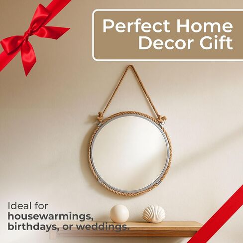 Sagebrook Home Round Wall Mirror with Rope Hanger Rustic Nautical Hanging Mirror, Metal Frame with Jute Rope, Decorative Accent for Bathroom, Bedroom, Living Room, or Entryway, 24 Inches in Saudi Arabia