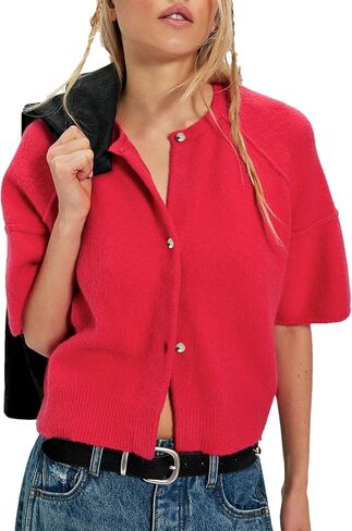 Womens Short Sleeve Knit Cardigan Sweaters Cropped Crew Neck Button Down Solid Color Sweater in Saudi Arabia