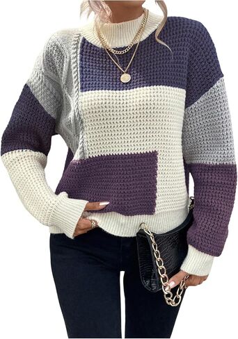GORGLITTER Women's Color Block Sweater Waffle Knit Cable Knit Oversized Mock Neck Long Sleeve Cozy Fall Pullover Top in Saudi Arabia