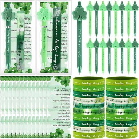 72 Pcs St. Patrick's Day Party Favors Shamrock Ballpoint Pen Silicone Wristband Bracelet Green Irish Blessing Prayer Card Bulk Good Luck Clover Gift for Teacher Employee Office Supplies in Saudi Arabia