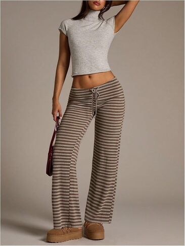 Milumia Women's Striped Low Rise Pants Drawstring Straight Leg Casual Lounge Trousers in Saudi Arabia