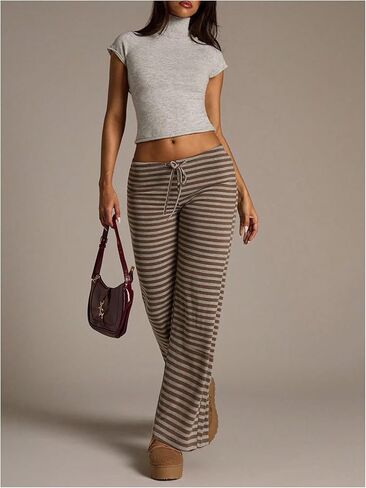 Milumia Women's Striped Low Rise Pants Drawstring Straight Leg Casual Lounge Trousers in Saudi Arabia