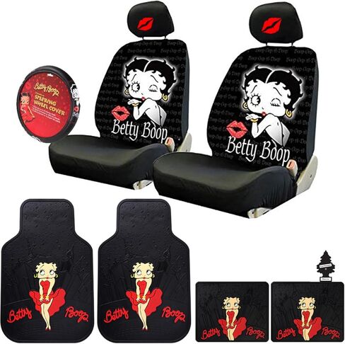 مجموعة ملحقات السيارة الجديدة من Yupbizauto Platicolors Betty Boop، أغطية مقاعد جديدة، سجادات مطاطية أمامية، غطاء عجلة القيادة، أغطية مسند رأس ساخنة لحماية أنيقة للسيارات وسيارات الدفع الرباعي والشاحنات والشاحنات الصغيرة in Saudi Arabia