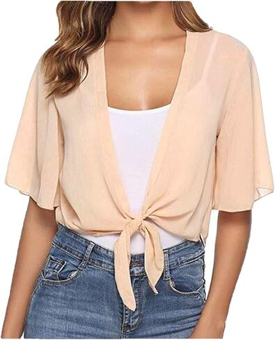 Women Shrug Chiffon Cardigans Tie Front Short Sleeve Bolero Cropped Cardigan Tops Cover Up Wraps for Evening Dress in Saudi Arabia