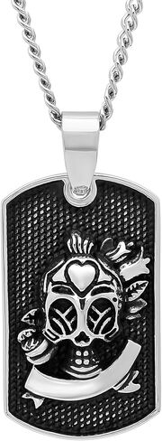 Men’s Stainless Steel Sugar Skull Dog Tag Pendant with Cuban Chain Necklace, 24-inches in Saudi Arabia