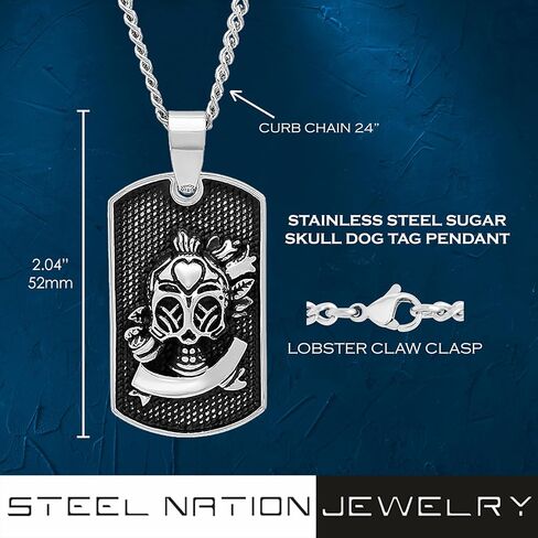 Men’s Stainless Steel Sugar Skull Dog Tag Pendant with Cuban Chain Necklace, 24-inches in Saudi Arabia