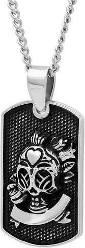 Men’s Stainless Steel Sugar Skull Dog Tag Pendant with Cuban Chain Necklace, 24-inches in Saudi Arabia