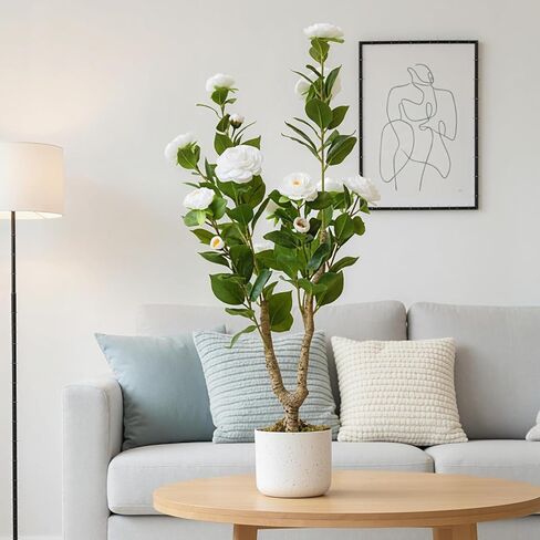 3FT Artificial Camellia Tree 1Pcs for Indoor Porch Decor, Realistic Faux Plant in Pot with White Flowers, 35" Tall Potted Greenery Fake Camellia Plant for Home Office Outdoor Patio Wedding Decor in Saudi Arabia