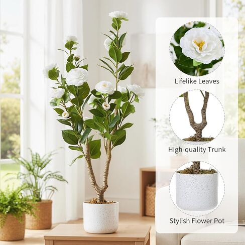 3FT Artificial Camellia Tree 1Pcs for Indoor Porch Decor, Realistic Faux Plant in Pot with White Flowers, 35" Tall Potted Greenery Fake Camellia Plant for Home Office Outdoor Patio Wedding Decor in Saudi Arabia