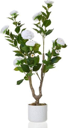 3FT Artificial Camellia Tree 1Pcs for Indoor Porch Decor, Realistic Faux Plant in Pot with White Flowers, 35" Tall Potted Greenery Fake Camellia Plant for Home Office Outdoor Patio Wedding Decor in Saudi Arabia