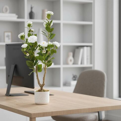 3FT Artificial Camellia Tree 1Pcs for Indoor Porch Decor, Realistic Faux Plant in Pot with White Flowers, 35" Tall Potted Greenery Fake Camellia Plant for Home Office Outdoor Patio Wedding Decor in Saudi Arabia
