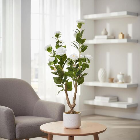 3FT Artificial Camellia Tree 1Pcs for Indoor Porch Decor, Realistic Faux Plant in Pot with White Flowers, 35" Tall Potted Greenery Fake Camellia Plant for Home Office Outdoor Patio Wedding Decor in Saudi Arabia