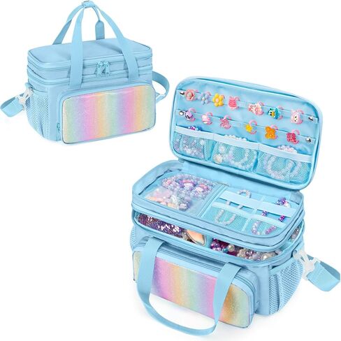 Double Layer Jewelry Organizer Storage for Kids Girls, Travel Jewelry Case Bag, Portable Jewelry Box with Handle and Detachable Shoulder Strap for Necklaces, Earrings, Rings, Pink (Case Only) in Kuwait