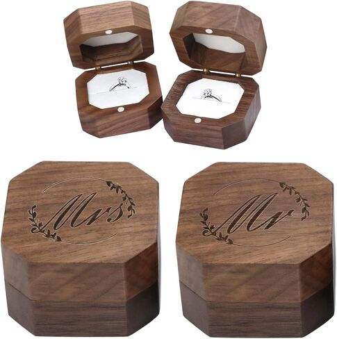 Wooden 2 Ring Flip Box for Wedding, Rustic Vintage Engraved Walnut Solid Wood Jewelry Storage Box Ring Holder (2pcs Mr&Mrs, No Customized) in Saudi Arabia